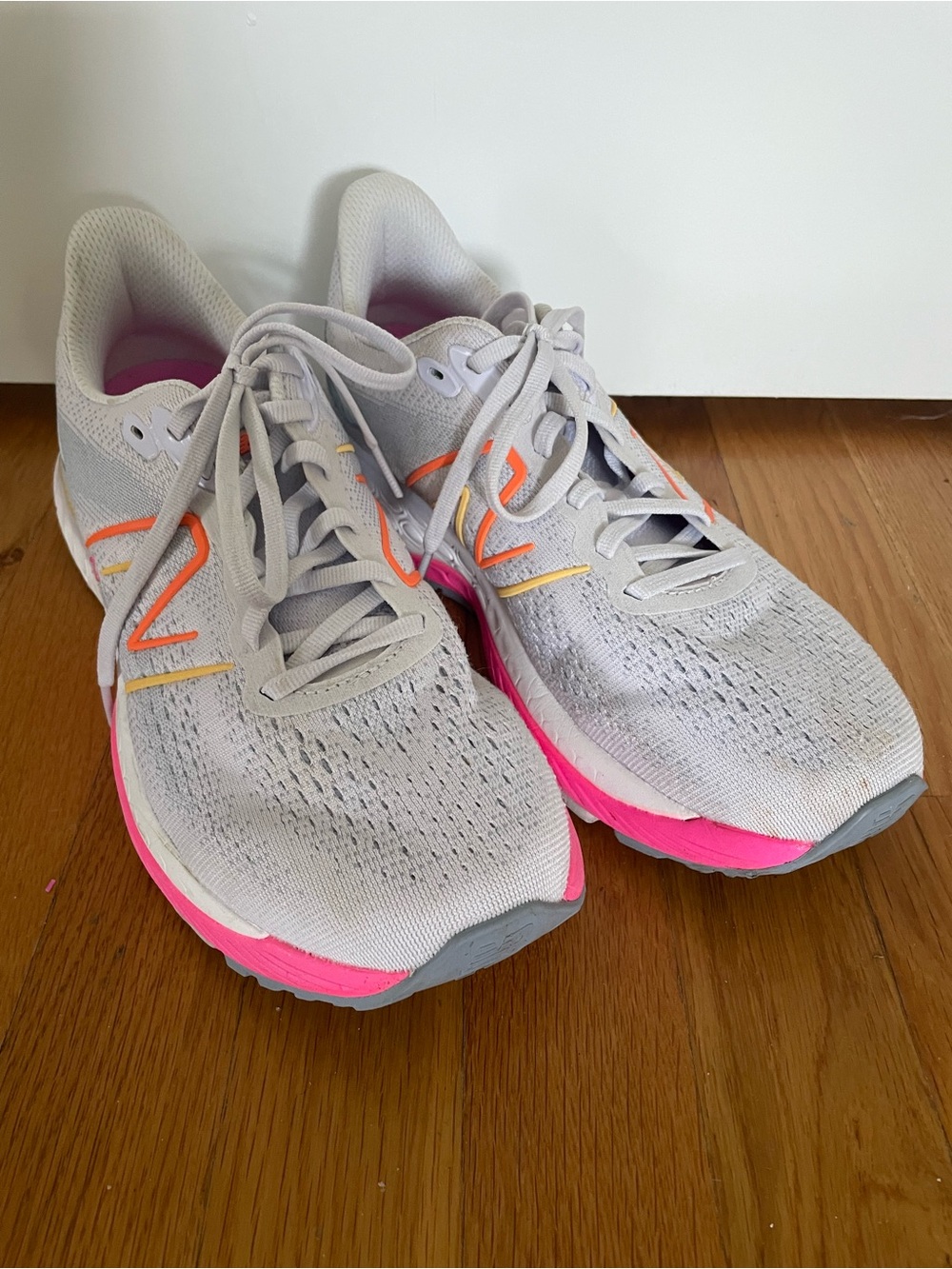 Skechers Women's Light Gray Athletic Shoes with Pink and Orange Accents